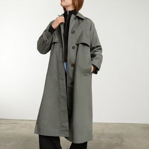 Everlane Long Mac Coat in Pewter Green  - Size M - Trench Coat
